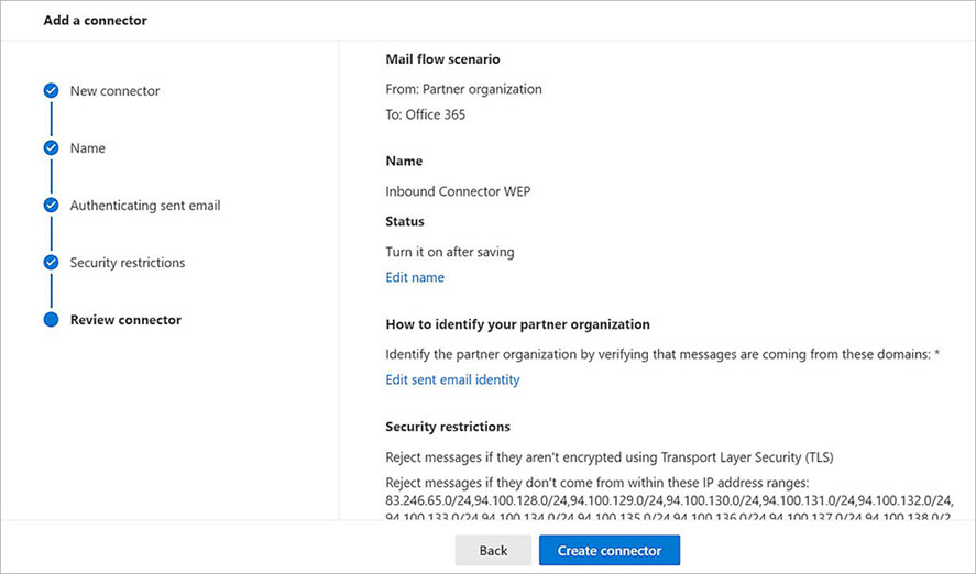 Screenshot of the Microsoft 365 review connector details